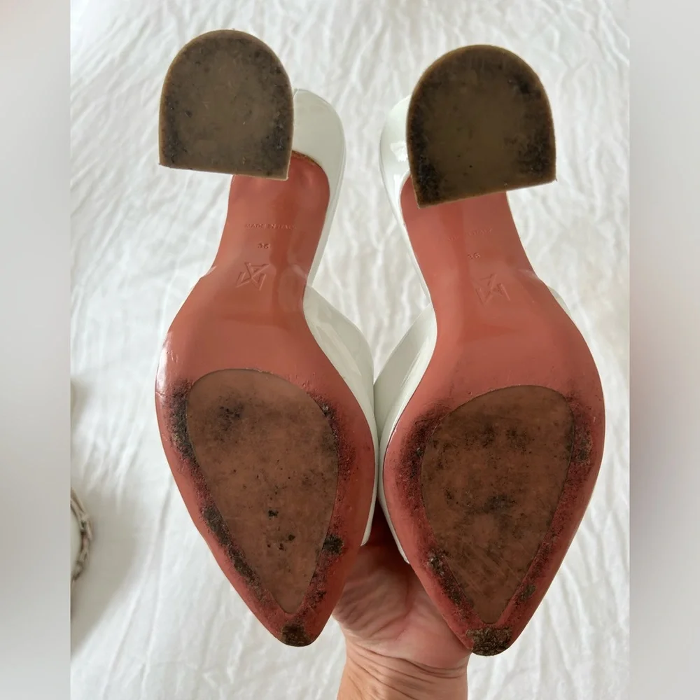 Amina Muaddi White Pointed Heel Patent Leather Mules Sandal Block Heels Wedding - Picture 8 of 12